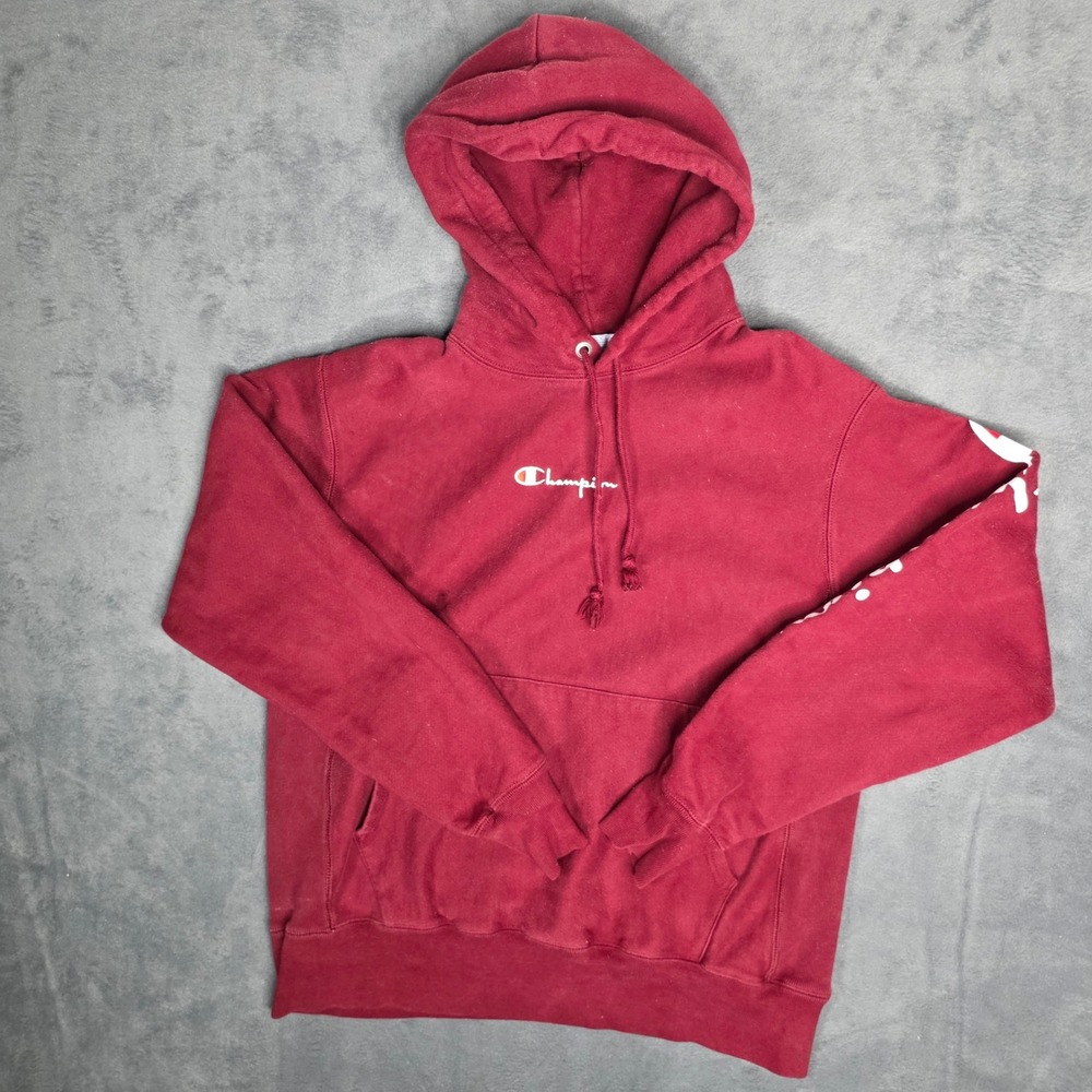 Champion Reverse Weave Hoodie Mens M Maroon Burgundy Script Logo Sleeve Sweat